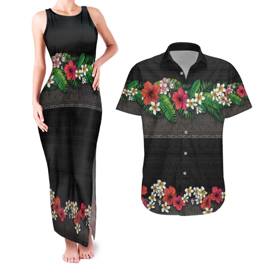 Hawaiian Tropical Flowers and Tribal Polynesian Tattoo Couples Matching Tank Maxi Dress and Hawaiian Shirt Black Color