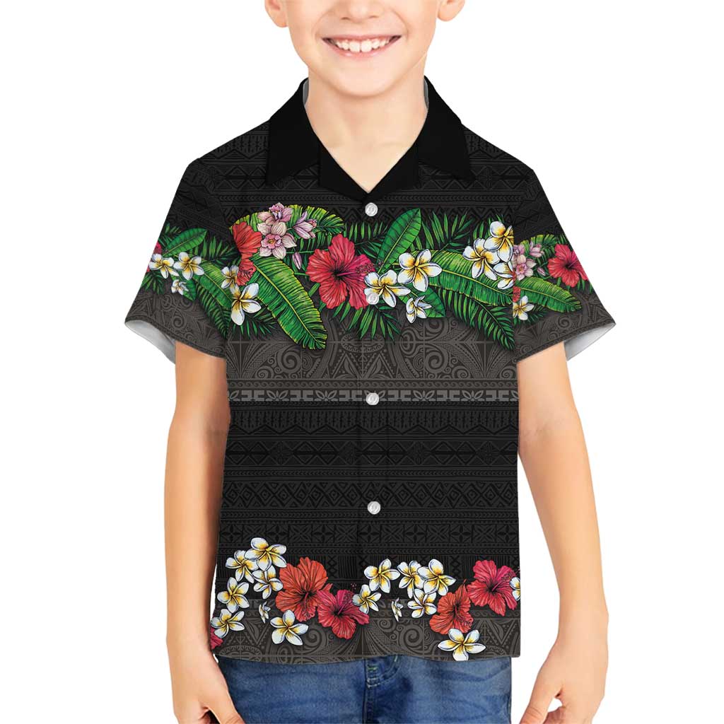 Hawaiian Tropical Flowers and Tribal Polynesian Tattoo Family Matching Long Sleeve Bodycon Dress and Hawaiian Shirt Black Color