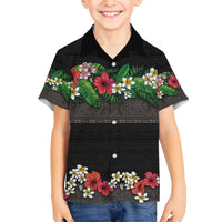 Hawaiian Tropical Flowers and Tribal Polynesian Tattoo Family Matching Long Sleeve Bodycon Dress and Hawaiian Shirt Black Color