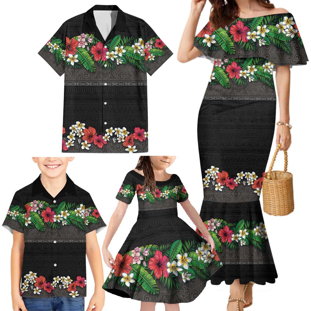 Hawaiian Tropical Flowers and Tribal Polynesian Tattoo Family Matching Mermaid Dress and Hawaiian Shirt Black Color