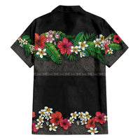 Hawaiian Tropical Flowers and Tribal Polynesian Tattoo Family Matching Off The Shoulder Long Sleeve Dress and Hawaiian Shirt Black Color