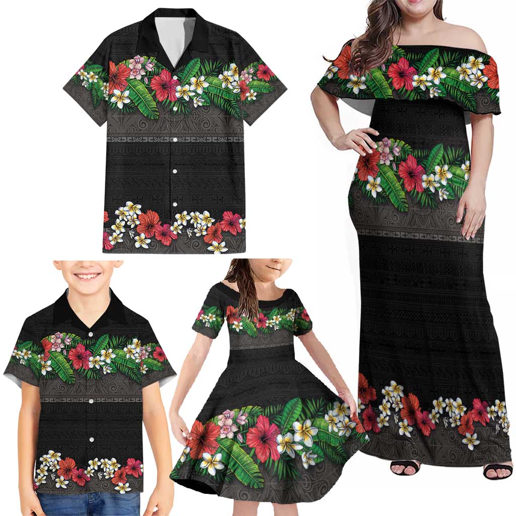 Hawaiian Tropical Flowers and Tribal Polynesian Tattoo Family Matching Off Shoulder Maxi Dress and Hawaiian Shirt Black Color