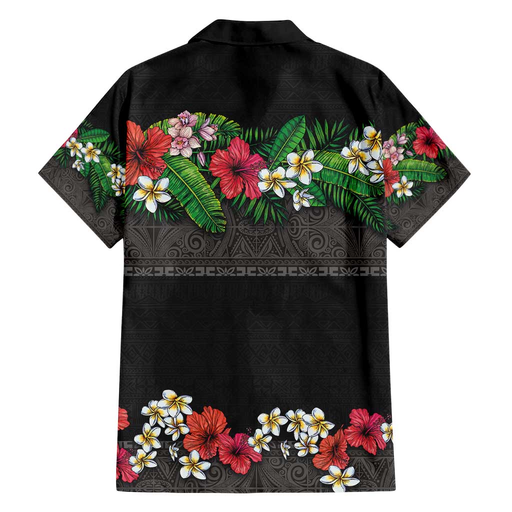 Hawaiian Tropical Flowers and Tribal Polynesian Tattoo Family Matching Off Shoulder Maxi Dress and Hawaiian Shirt Black Color
