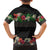 Hawaiian Tropical Flowers and Tribal Polynesian Tattoo Family Matching Off Shoulder Short Dress and Hawaiian Shirt Black Color