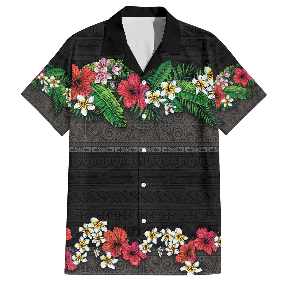 Hawaiian Tropical Flowers and Tribal Polynesian Tattoo Family Matching Off Shoulder Short Dress and Hawaiian Shirt Black Color