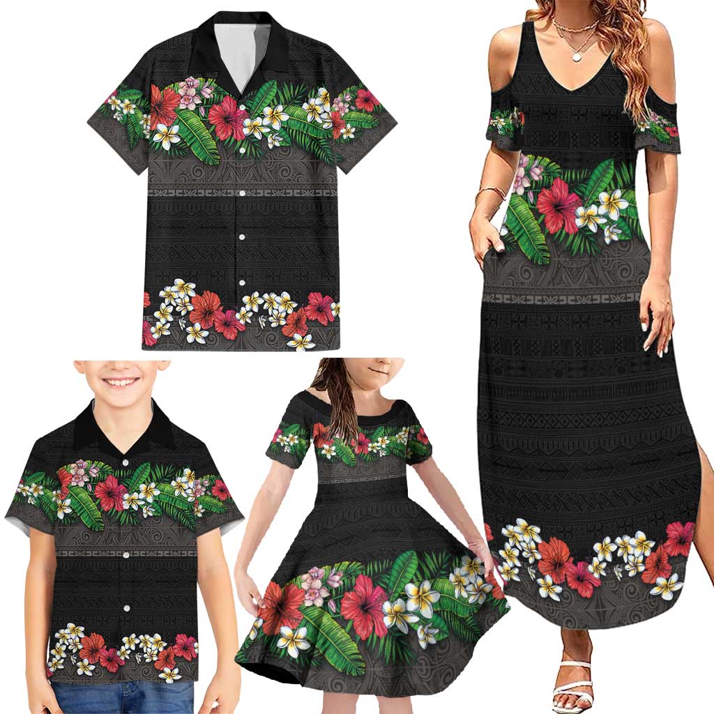 Hawaiian Tropical Flowers and Tribal Polynesian Tattoo Family Matching Summer Maxi Dress and Hawaiian Shirt Black Color LT03 - Polynesian Pride
