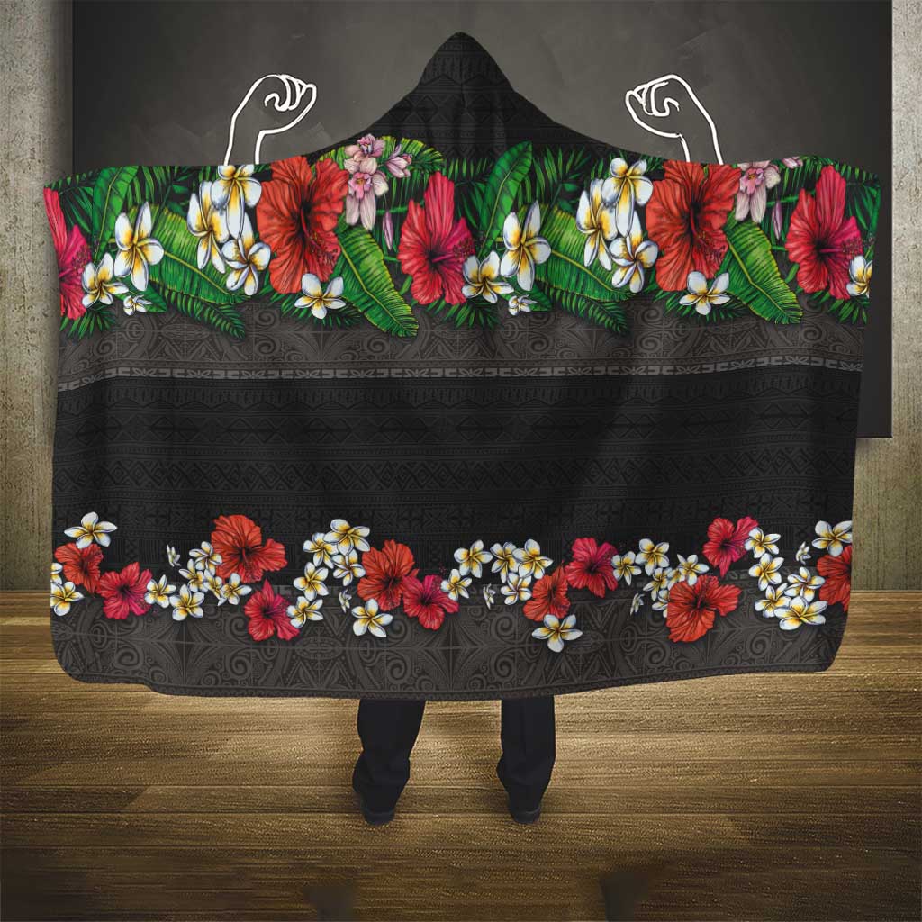 Hawaiian Tropical Flowers and Tribal Polynesian Tattoo Hooded Blanket Black Color LT03 - Polynesian Pride