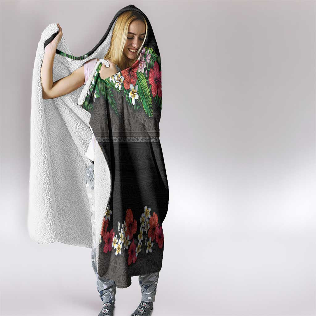 Hawaiian Tropical Flowers and Tribal Polynesian Tattoo Hooded Blanket Black Color LT03 - Polynesian Pride