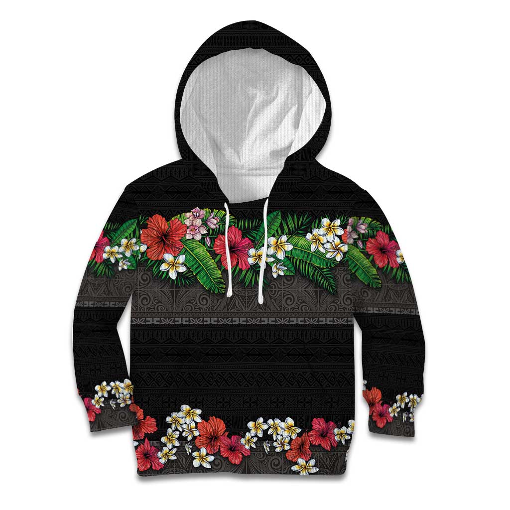 Hawaiian Tropical Flowers and Tribal Polynesian Tattoo Kid Hoodie Black Color