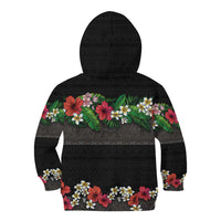 Hawaiian Tropical Flowers and Tribal Polynesian Tattoo Kid Hoodie Black Color