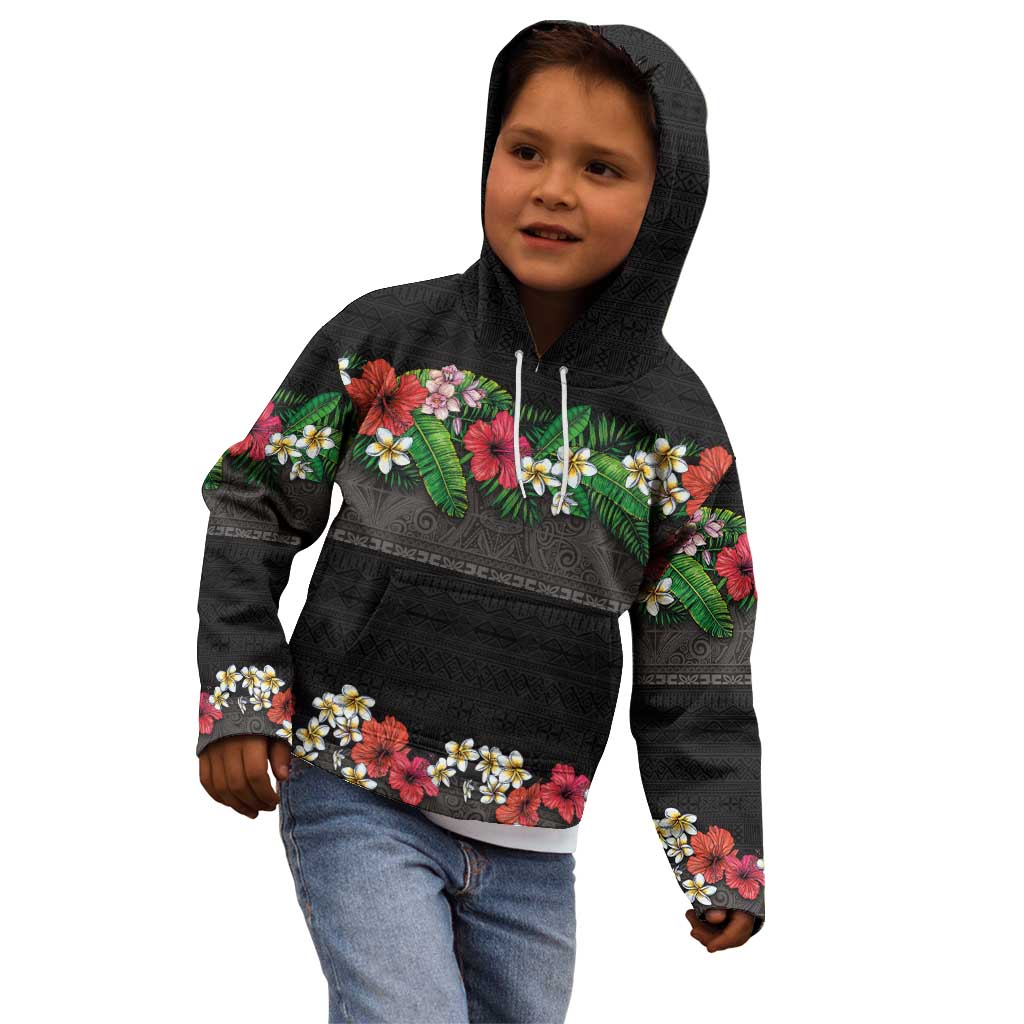 Hawaiian Tropical Flowers and Tribal Polynesian Tattoo Kid Hoodie Black Color