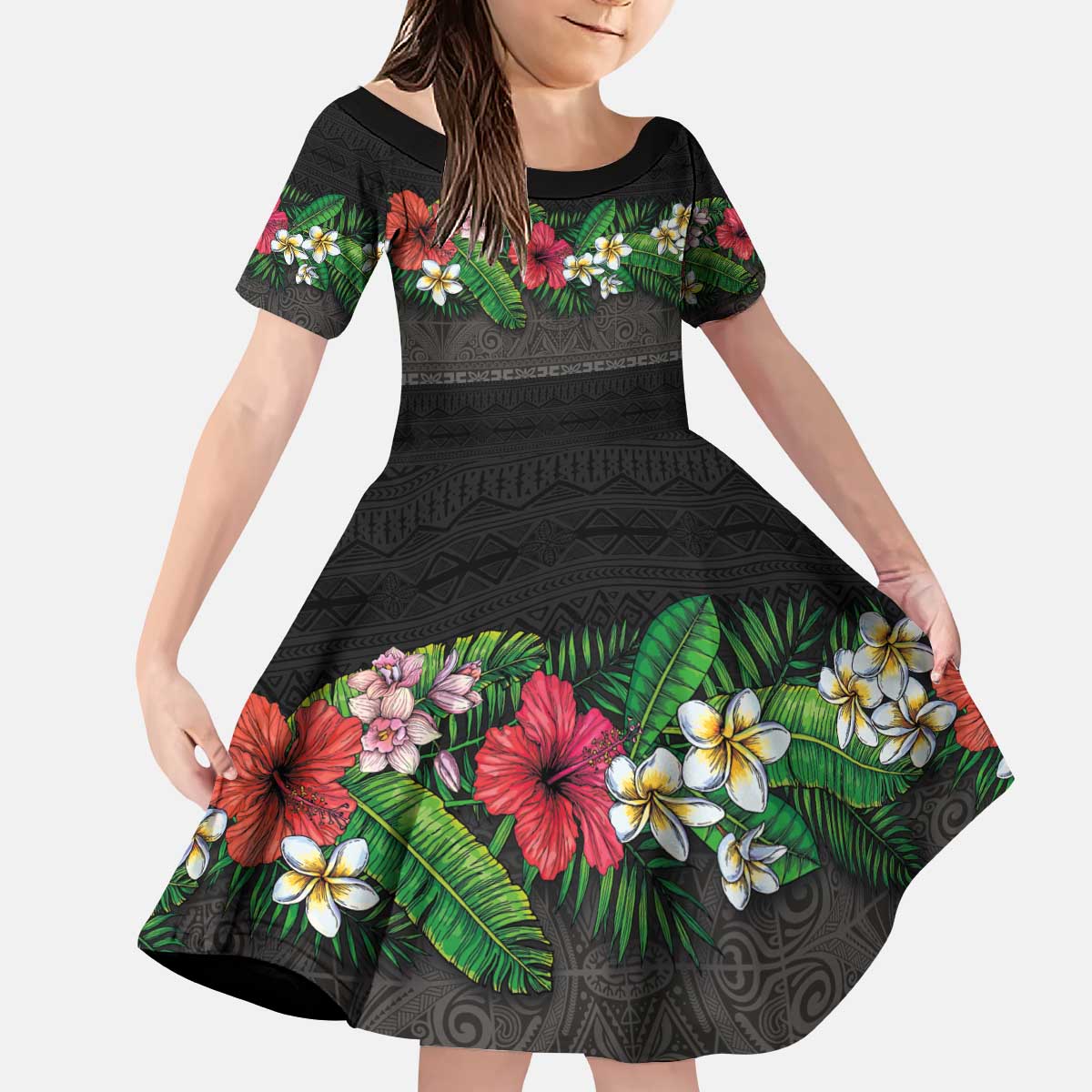 Hawaiian Tropical Flowers and Tribal Polynesian Tattoo Kid Short Sleeve Dress Black Color