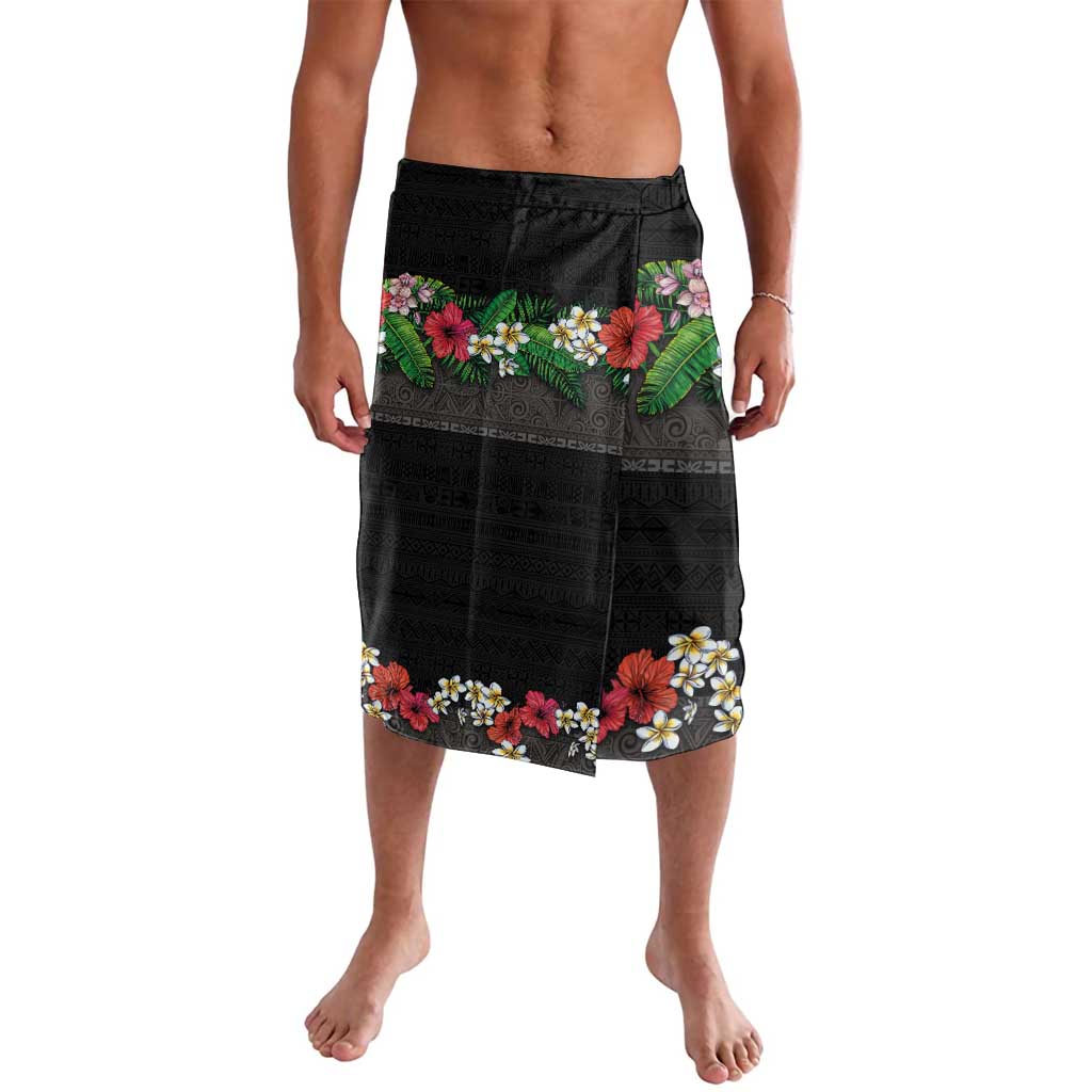 Hawaiian Tropical Flowers and Tribal Polynesian Tattoo Lavalava Black Color LT03 Black - Polynesian Pride