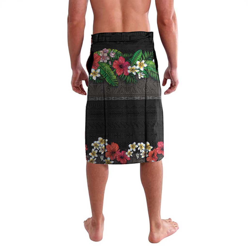 Hawaiian Tropical Flowers and Tribal Polynesian Tattoo Lavalava Black Color LT03 - Polynesian Pride
