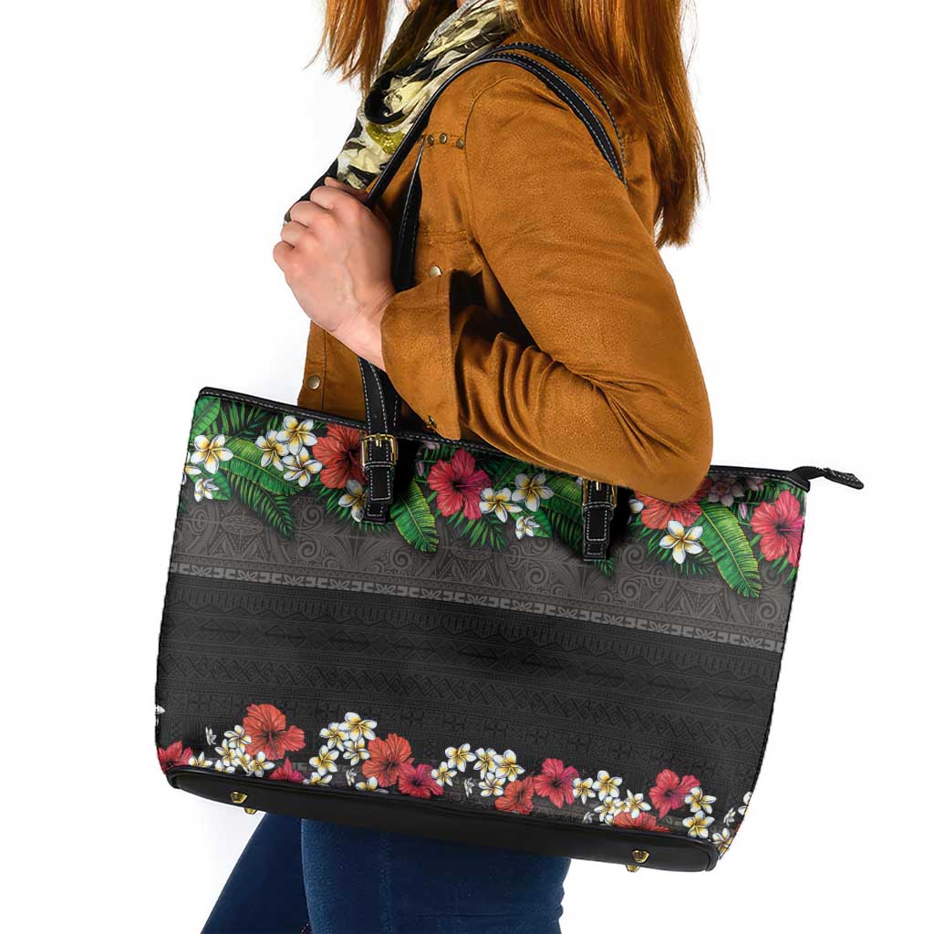 Hawaiian Tropical Flowers and Tribal Polynesian Tattoo Leather Tote Bag Black Color LT03 Black - Polynesian Pride