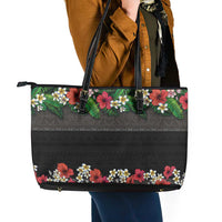 Hawaiian Tropical Flowers and Tribal Polynesian Tattoo Leather Tote Bag Black Color LT03 - Polynesian Pride