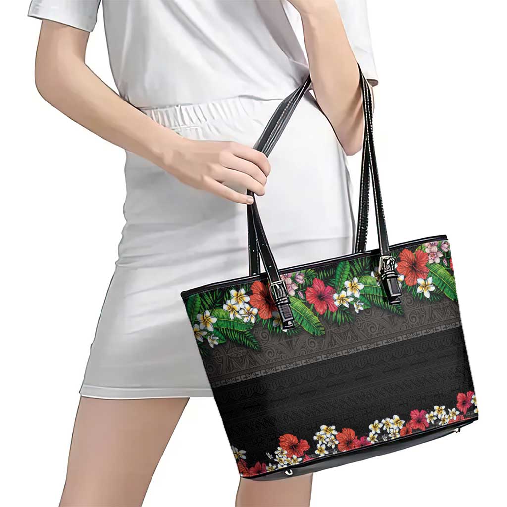 Hawaiian Tropical Flowers and Tribal Polynesian Tattoo Leather Tote Bag Black Color LT03 - Polynesian Pride