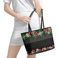 Hawaiian Tropical Flowers and Tribal Polynesian Tattoo Leather Tote Bag Black Color LT03 - Polynesian Pride