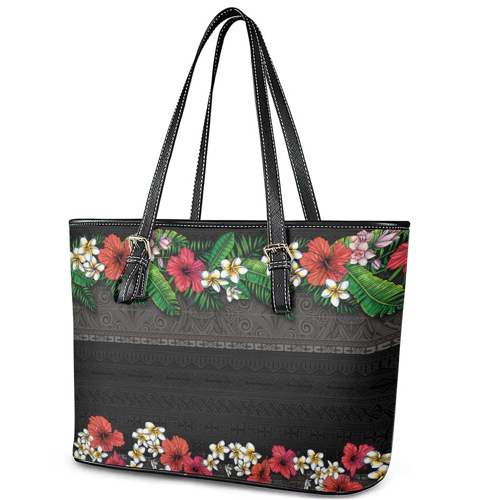Hawaiian Tropical Flowers and Tribal Polynesian Tattoo Leather Tote Bag Black Color LT03 - Polynesian Pride