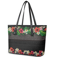 Hawaiian Tropical Flowers and Tribal Polynesian Tattoo Leather Tote Bag Black Color LT03 - Polynesian Pride