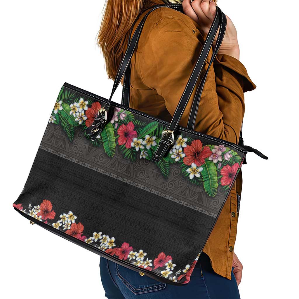 Hawaiian Tropical Flowers and Tribal Polynesian Tattoo Leather Tote Bag Black Color LT03 - Polynesian Pride