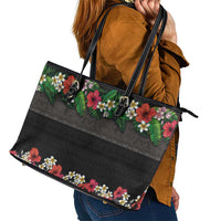 Hawaiian Tropical Flowers and Tribal Polynesian Tattoo Leather Tote Bag Black Color LT03 - Polynesian Pride