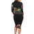 Hawaiian Tropical Flowers and Tribal Polynesian Tattoo Long Sleeve Bodycon Dress Black Color