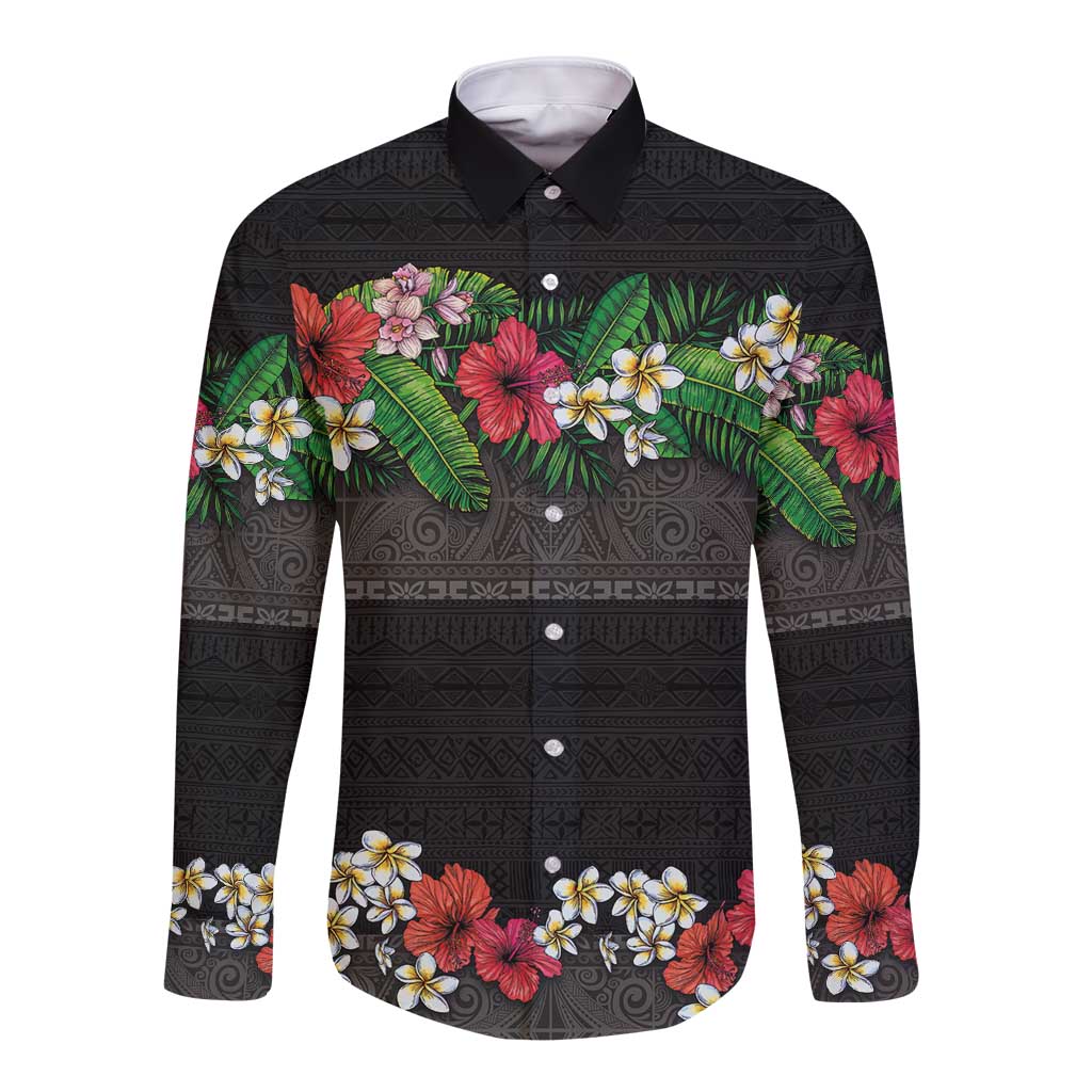 Hawaiian Tropical Flowers and Tribal Polynesian Tattoo Long Sleeve Button Shirt Black Color