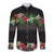 Hawaiian Tropical Flowers and Tribal Polynesian Tattoo Long Sleeve Button Shirt Black Color