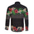 Hawaiian Tropical Flowers and Tribal Polynesian Tattoo Long Sleeve Button Shirt Black Color