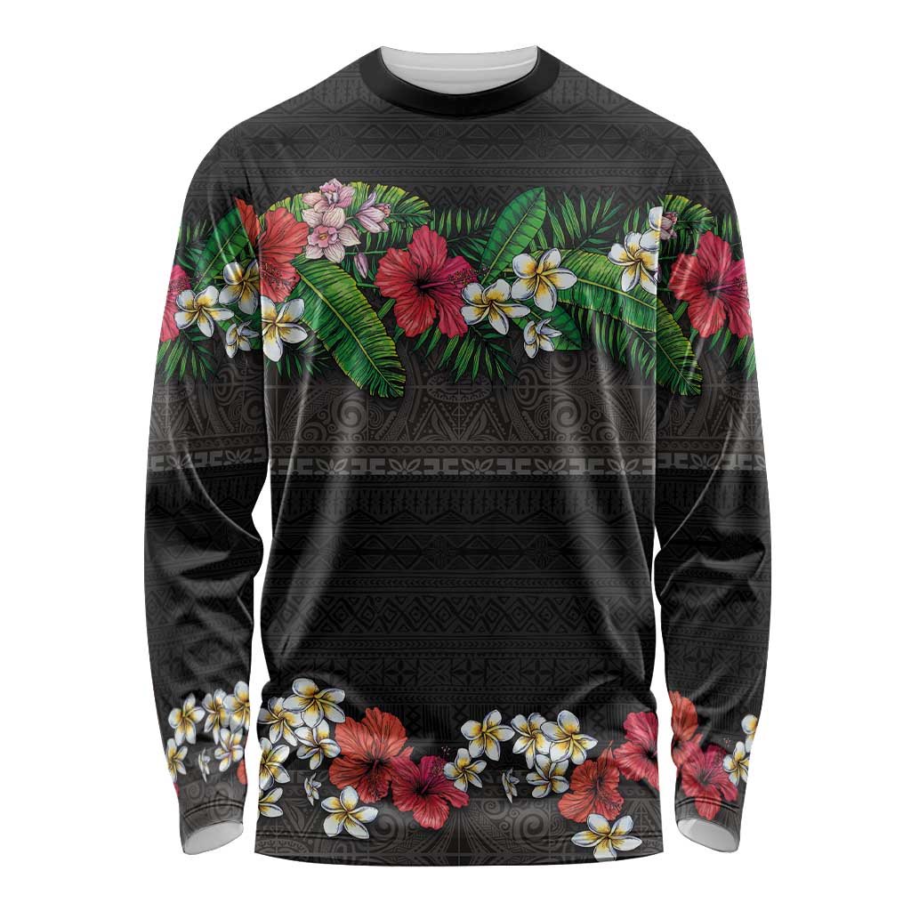 Hawaiian Tropical Flowers and Tribal Polynesian Tattoo Long Sleeve Shirt Black Color