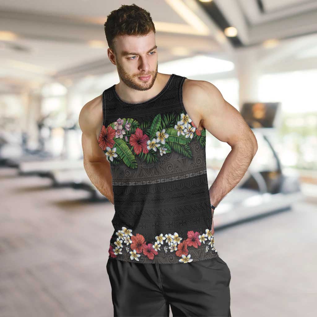 Hawaiian Tropical Flowers and Tribal Polynesian Tattoo Men Tank Top Black Color LT03 Black - Polynesian Pride