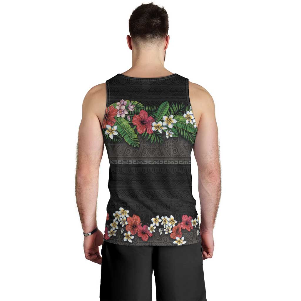 Hawaiian Tropical Flowers and Tribal Polynesian Tattoo Men Tank Top Black Color LT03 - Polynesian Pride