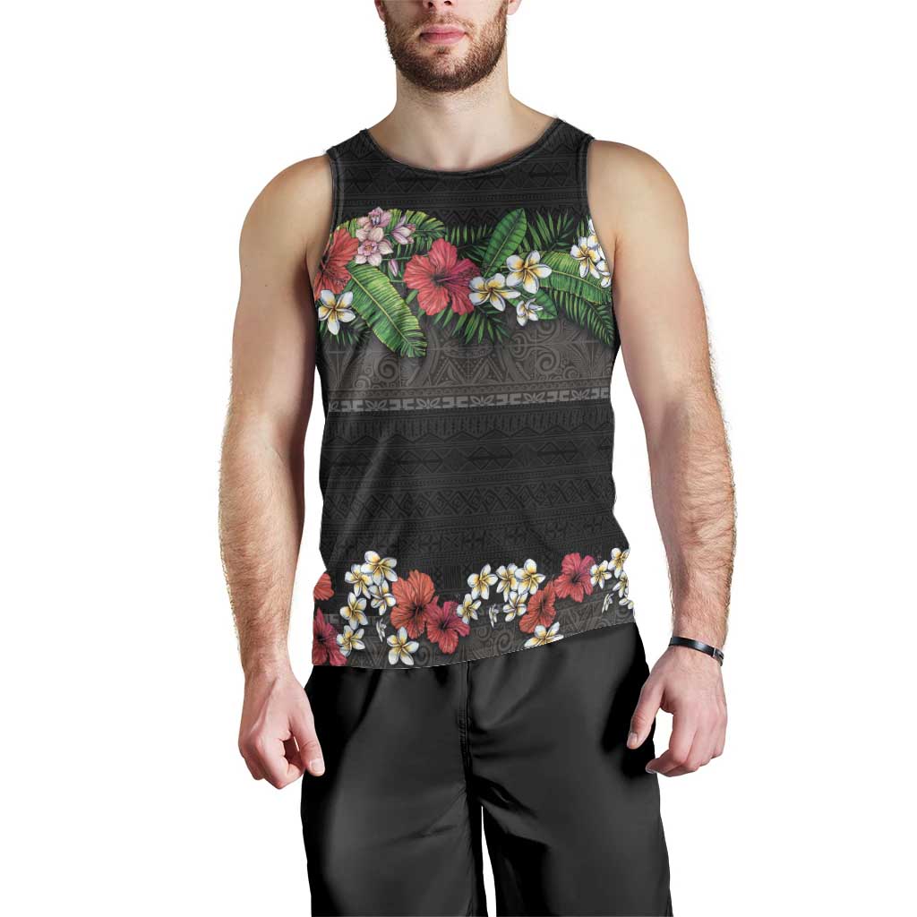 Hawaiian Tropical Flowers and Tribal Polynesian Tattoo Men Tank Top Black Color LT03 - Polynesian Pride