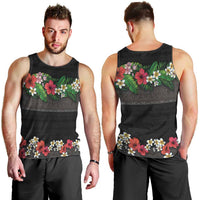 Hawaiian Tropical Flowers and Tribal Polynesian Tattoo Men Tank Top Black Color LT03 - Polynesian Pride