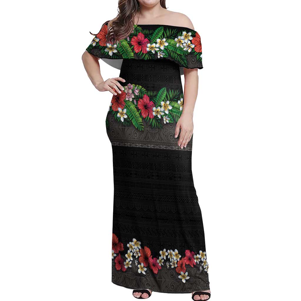 Hawaiian Tropical Flowers and Tribal Polynesian Tattoo Off Shoulder Maxi Dress Black Color