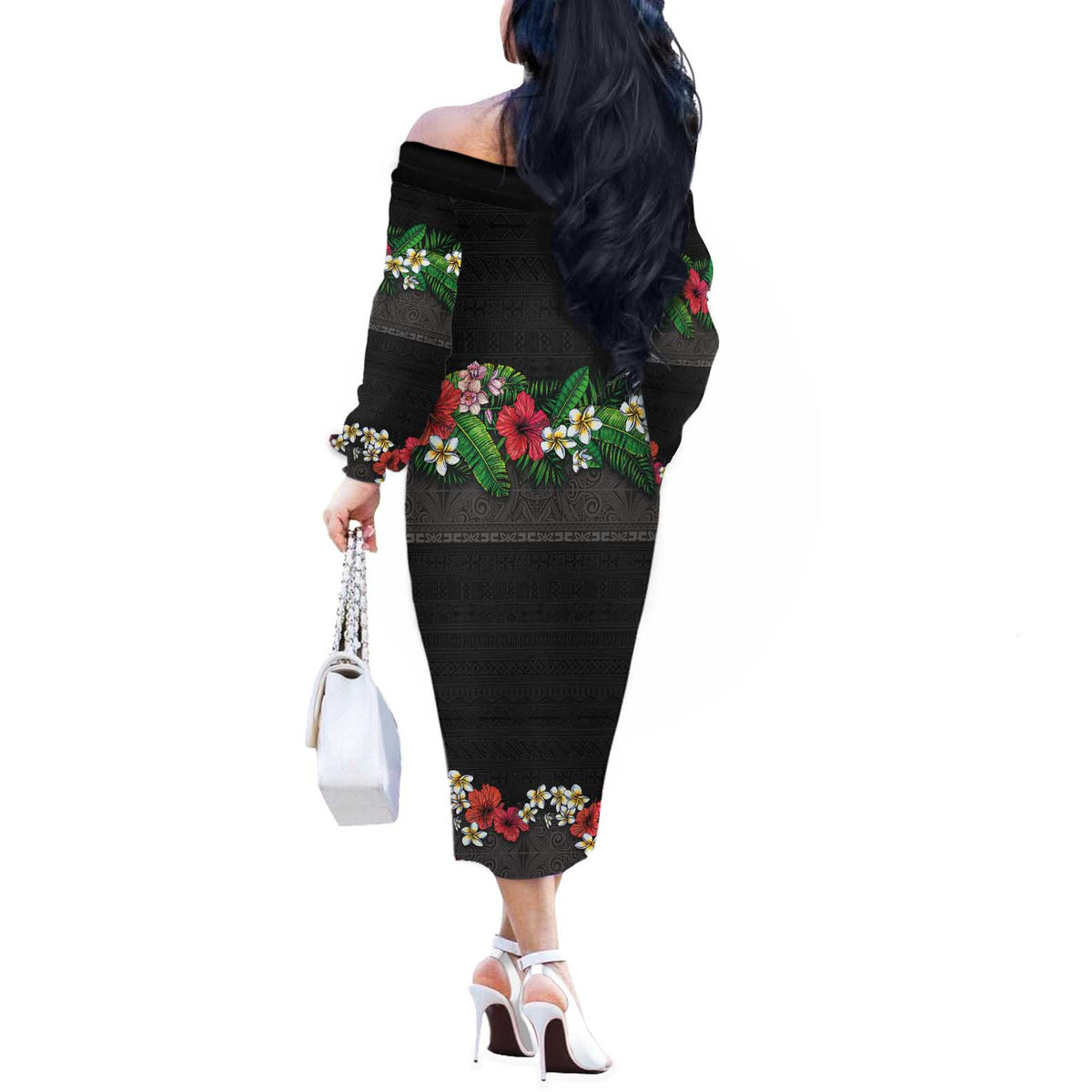 Hawaiian Tropical Flowers and Tribal Polynesian Tattoo Off The Shoulder Long Sleeve Dress Black Color
