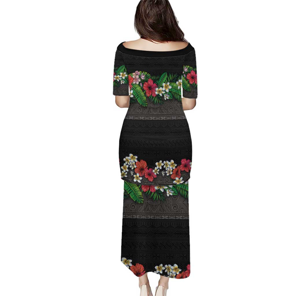 Hawaiian Tropical Flowers and Tribal Polynesian Tattoo Puletasi Black Color LT03 - Polynesian Pride