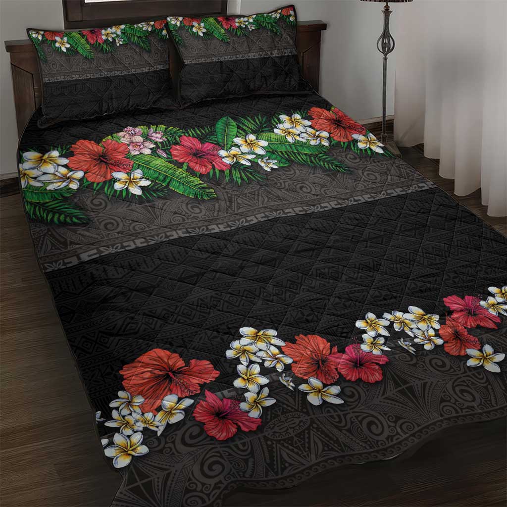 Hawaiian Tropical Flowers and Tribal Polynesian Tattoo Quilt Bed Set Black Color