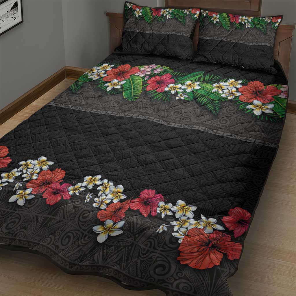 Hawaiian Tropical Flowers and Tribal Polynesian Tattoo Quilt Bed Set Black Color