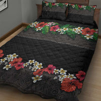 Hawaiian Tropical Flowers and Tribal Polynesian Tattoo Quilt Bed Set Black Color