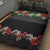 Hawaiian Tropical Flowers and Tribal Polynesian Tattoo Quilt Bed Set Black Color