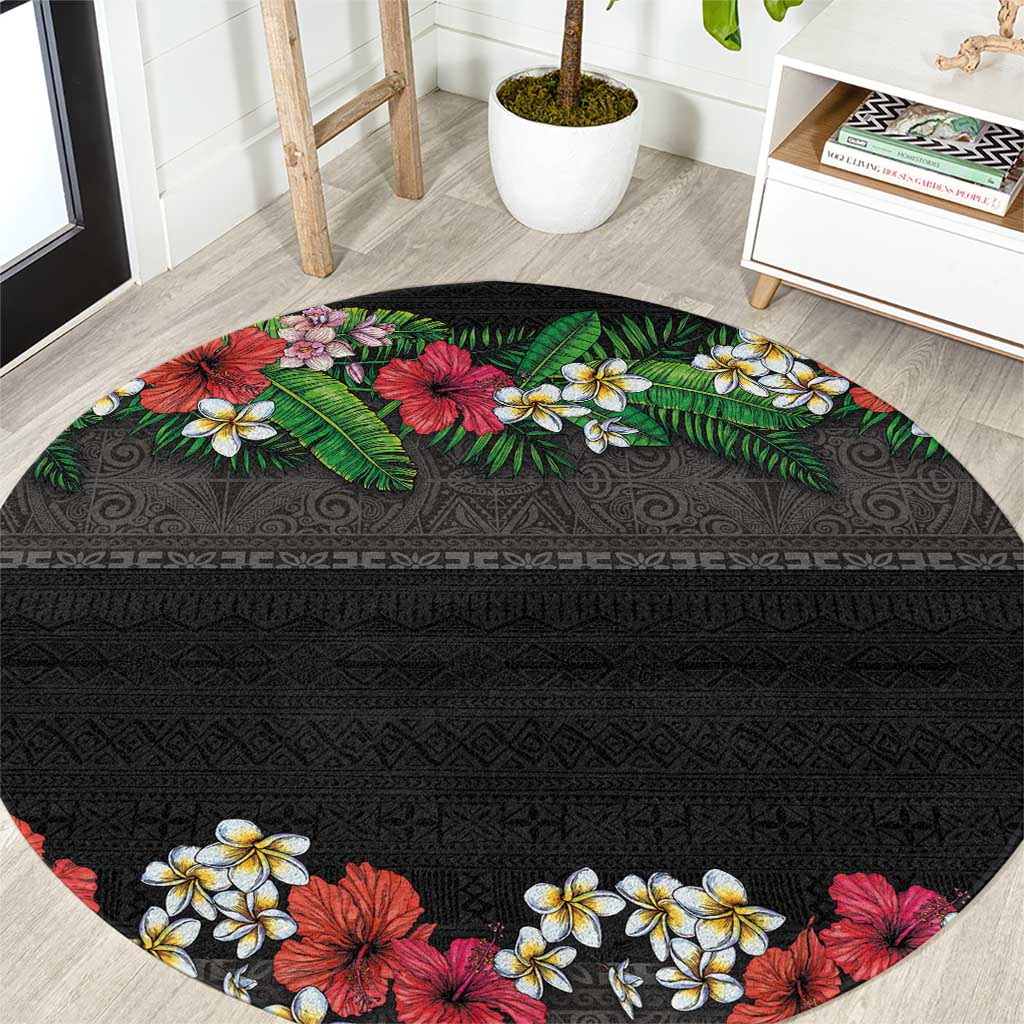 Hawaiian Tropical Flowers and Tribal Polynesian Tattoo Round Carpet Black Color