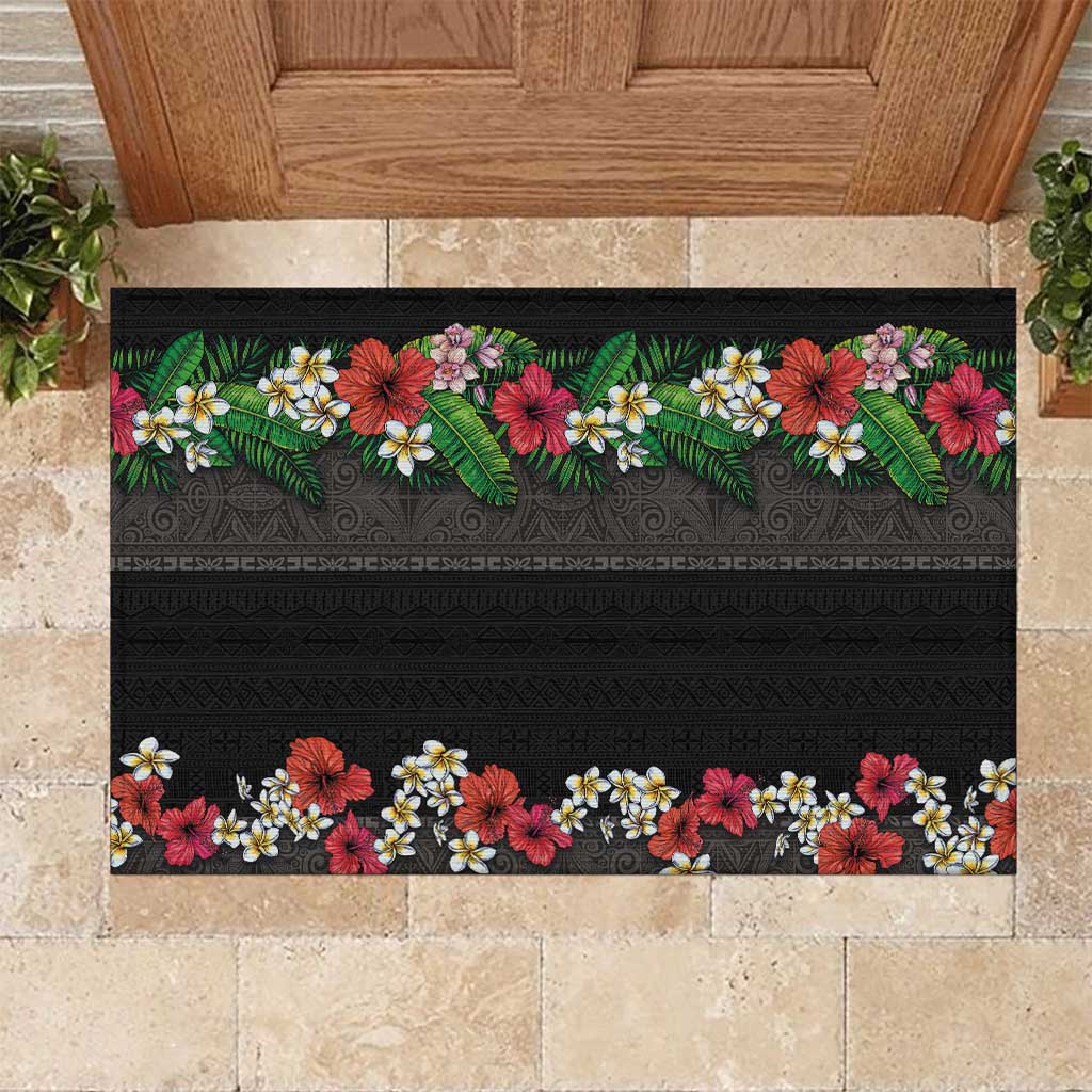 Hawaiian Tropical Flowers and Tribal Polynesian Tattoo Rubber Doormat Black Color