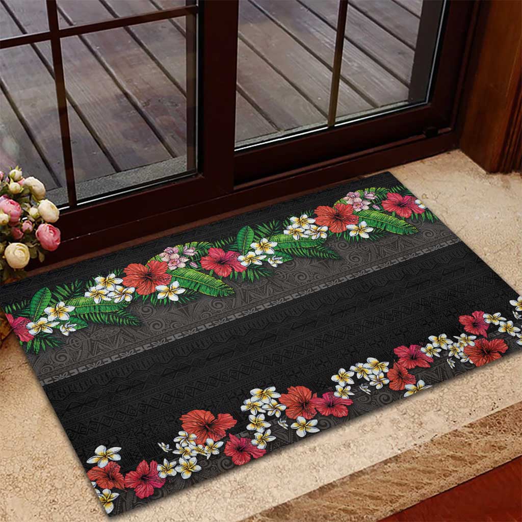 Hawaiian Tropical Flowers and Tribal Polynesian Tattoo Rubber Doormat Black Color LT03 - Polynesian Pride