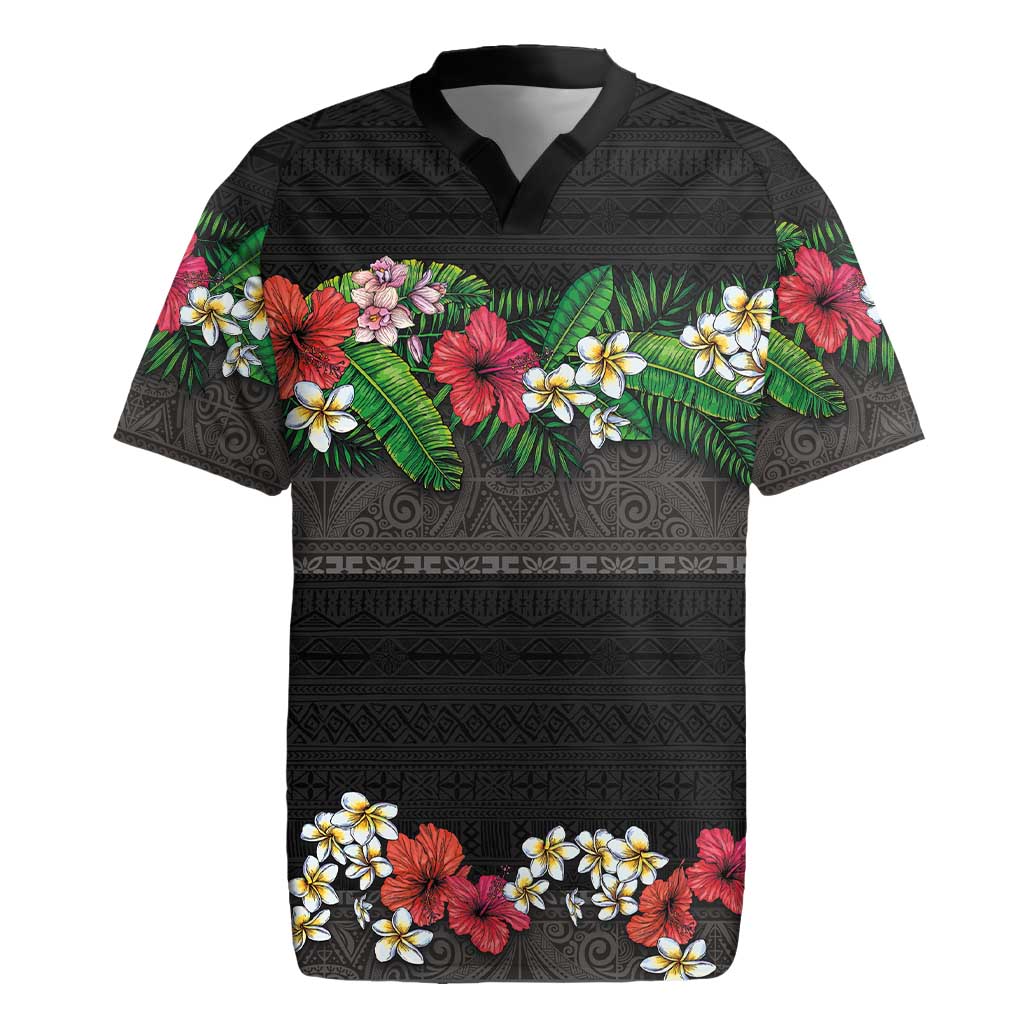 Hawaiian Tropical Flowers and Tribal Polynesian Tattoo Rugby Jersey Black Color