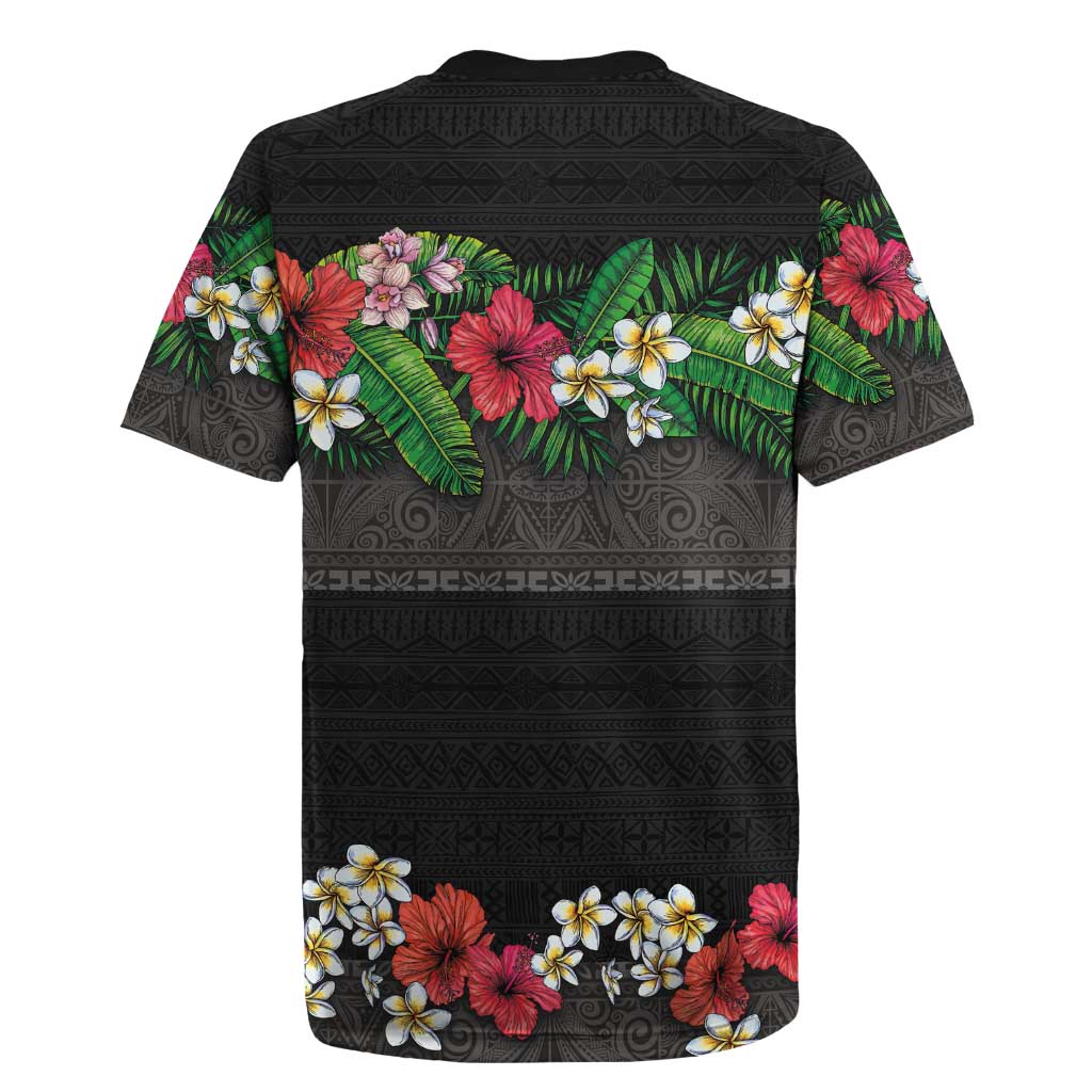 Hawaiian Tropical Flowers and Tribal Polynesian Tattoo Rugby Jersey Black Color LT03 - Polynesian Pride