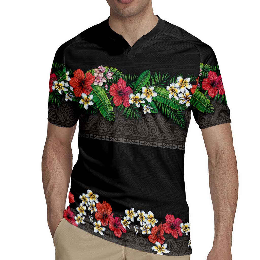 Hawaiian Tropical Flowers and Tribal Polynesian Tattoo Rugby Jersey Black Color LT03 - Polynesian Pride