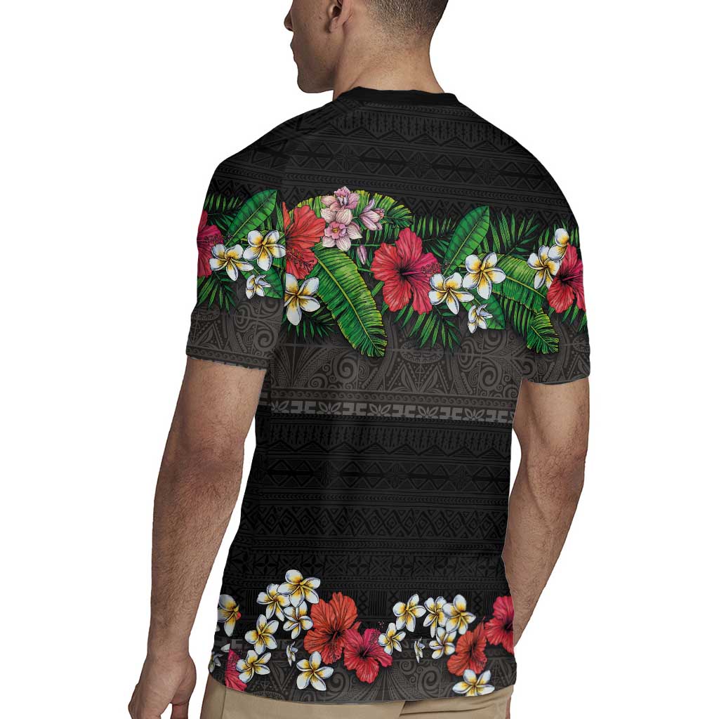Hawaiian Tropical Flowers and Tribal Polynesian Tattoo Rugby Jersey Black Color LT03 - Polynesian Pride
