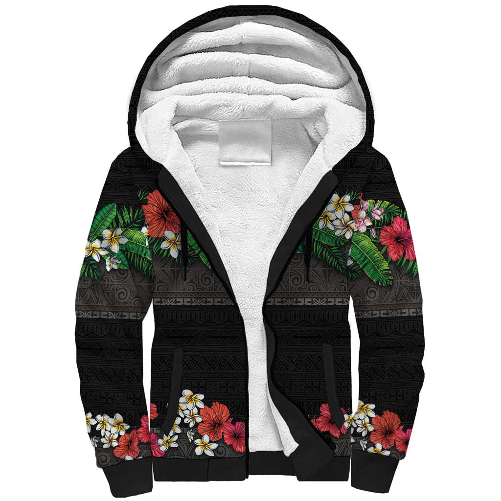 Hawaiian Tropical Flowers and Tribal Polynesian Tattoo Sherpa Hoodie Black Color LT03 Unisex Black - Polynesian Pride